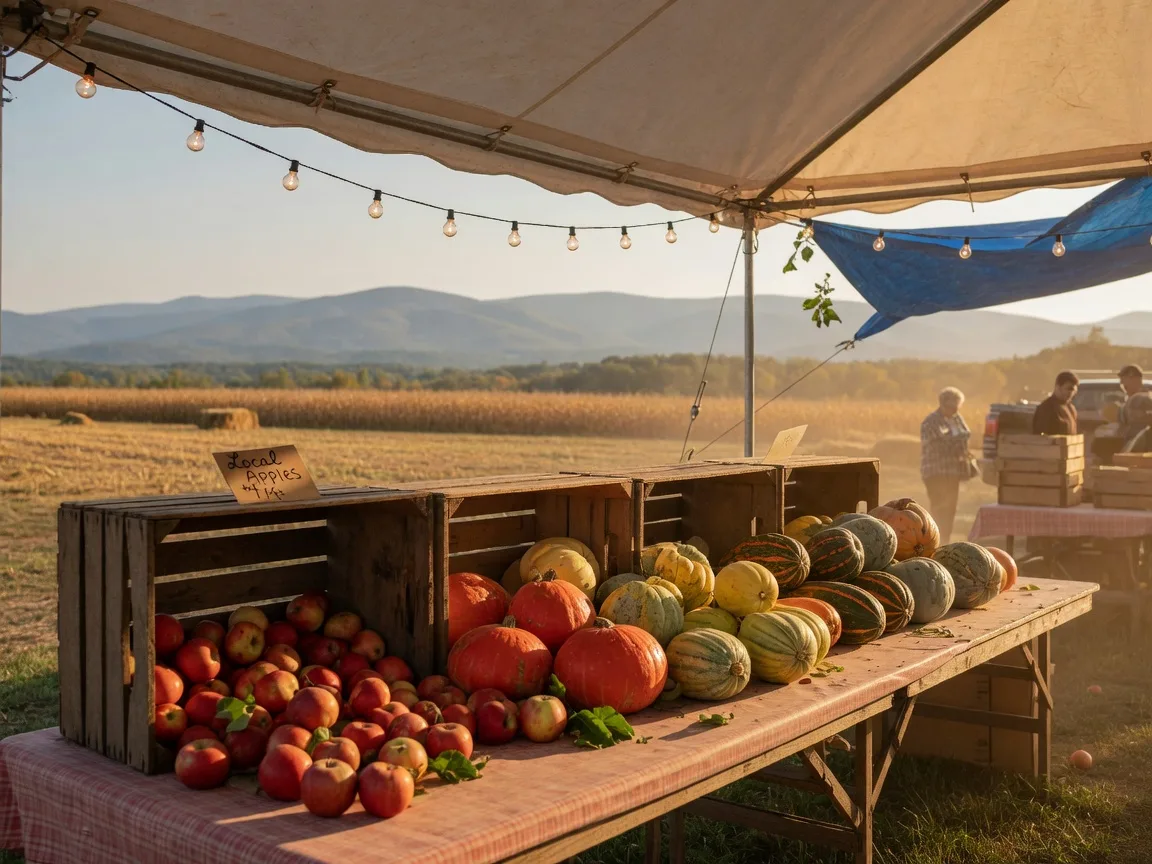 An autumn harvest market stall with apples and squash in rural Lehigh County, Pennsylvania