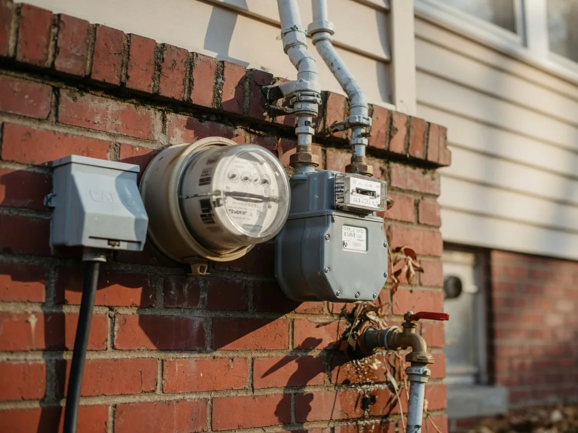 A close detail of the utility meter bank on the brick exterior wall of a mid-century Ohio home, an electric meter with a glass dial beside a natural gas meter with a silver gas line running up the wall, in warm raking autumn light