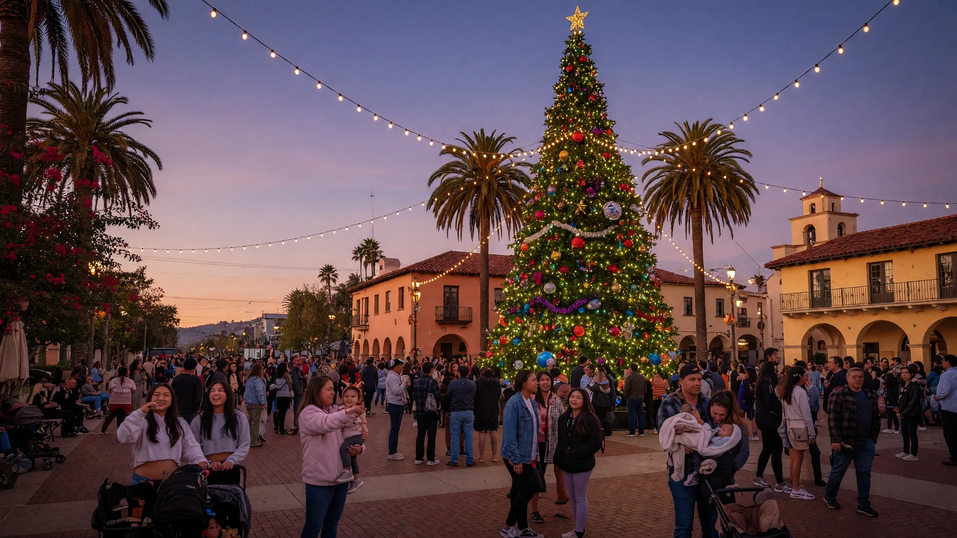 Festive holiday lights on Main Street in Santa Clarita Valley at twilight