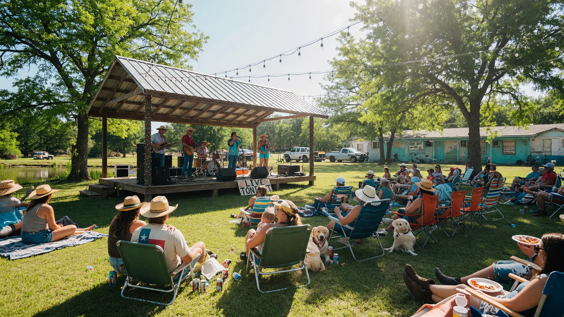 Daytime lawn concert with live music at Willow Lake Watering Hole in Wimberley