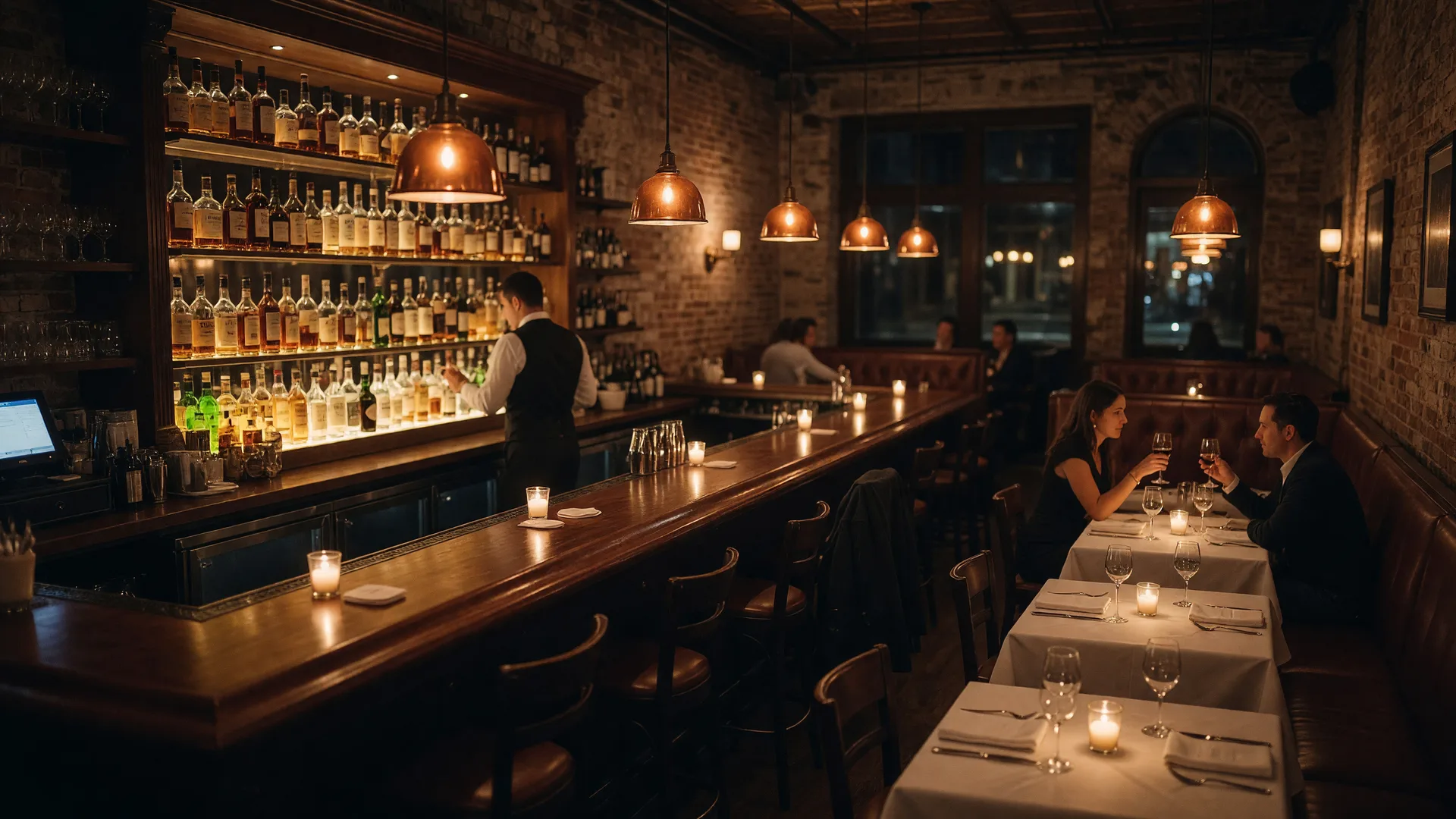 A warm, candlelit upscale steakhouse dining room and long bar in a historic Pennsylvania downtown, the setting for Three Oak Steakhouse in Easton