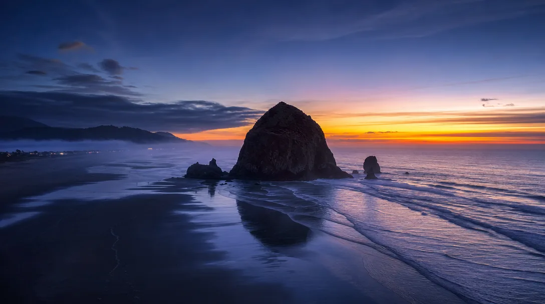Aerial view of Haystack Rock at Cannon Beach during blue hour