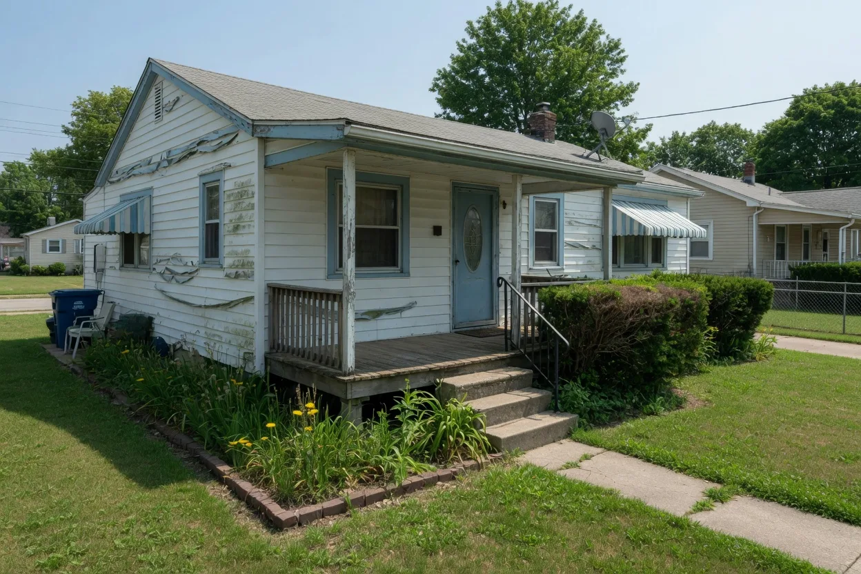 An older home with visible wear on the exterior driveway and front facade, showing signs of needed repairs