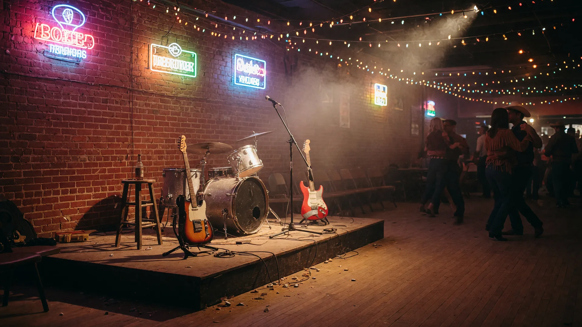 A honky-tonk stage inside a small-town Texas saloon at night, with neon signs, a drum kit and guitars, and a worn dance floor