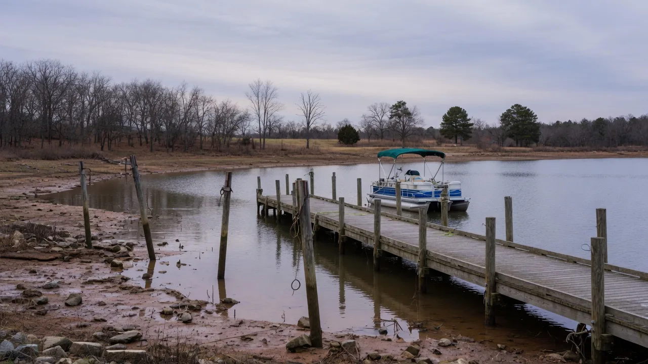 A Lake Norman residential dock in winter with the water level drawn down, exposing mud flats and weathered pilings