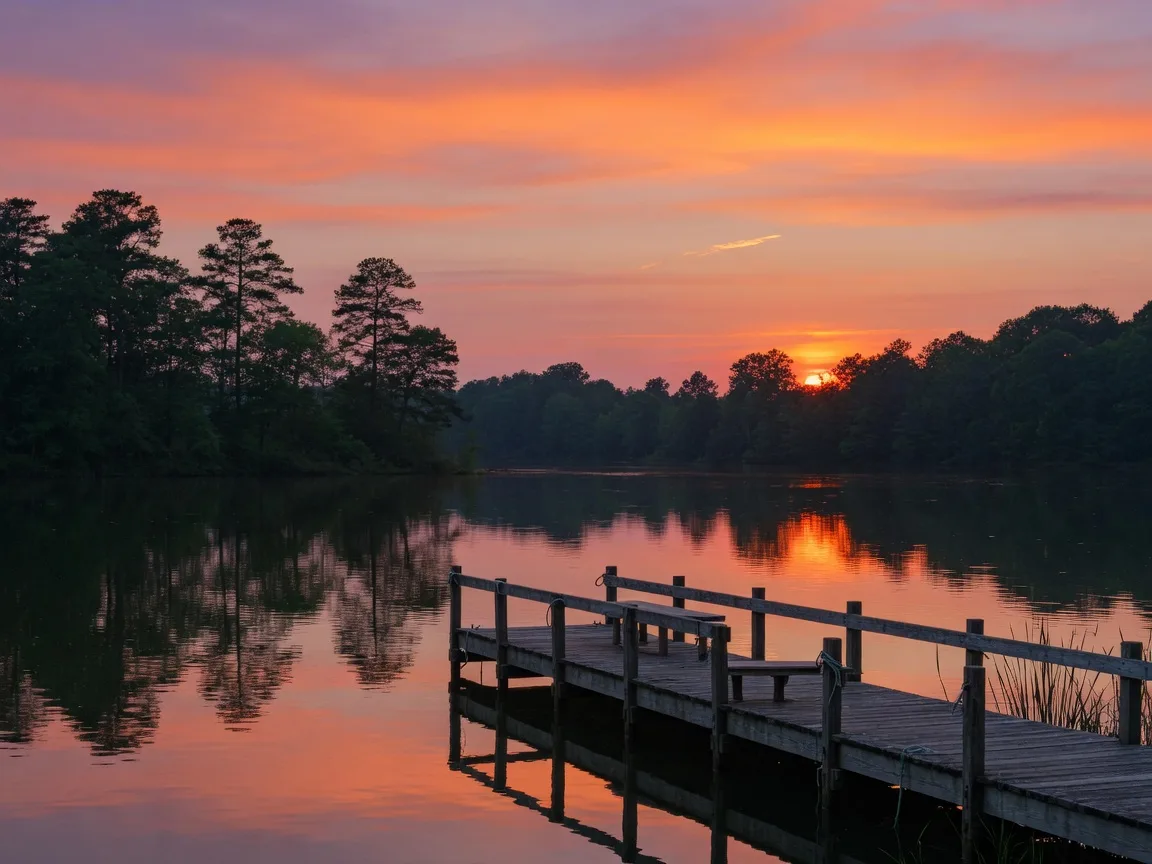 Sunset over a Raleigh lake with a wooden dock and silhouetted trees