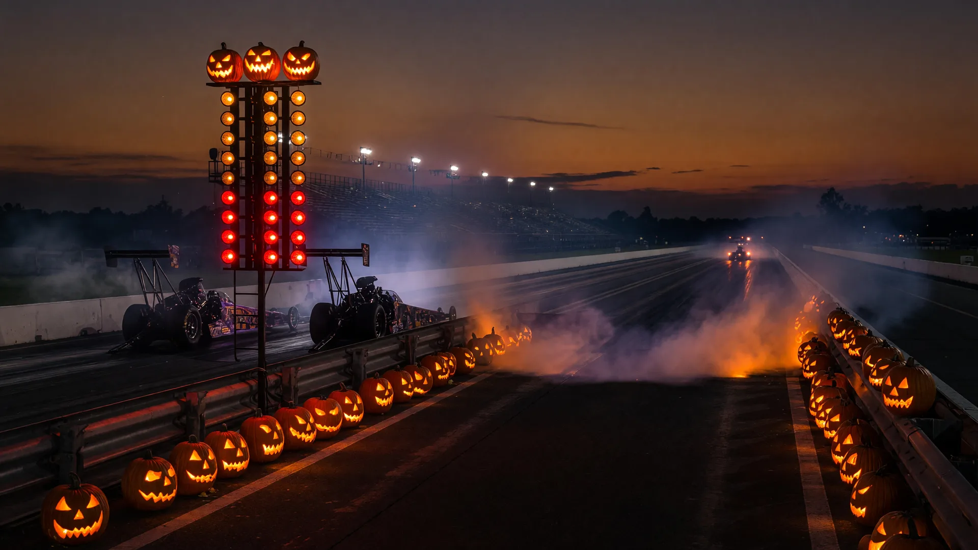 A drag strip starting tree glowing red and amber at night with carved jack-o-lanterns along the guardrail and haze over the track