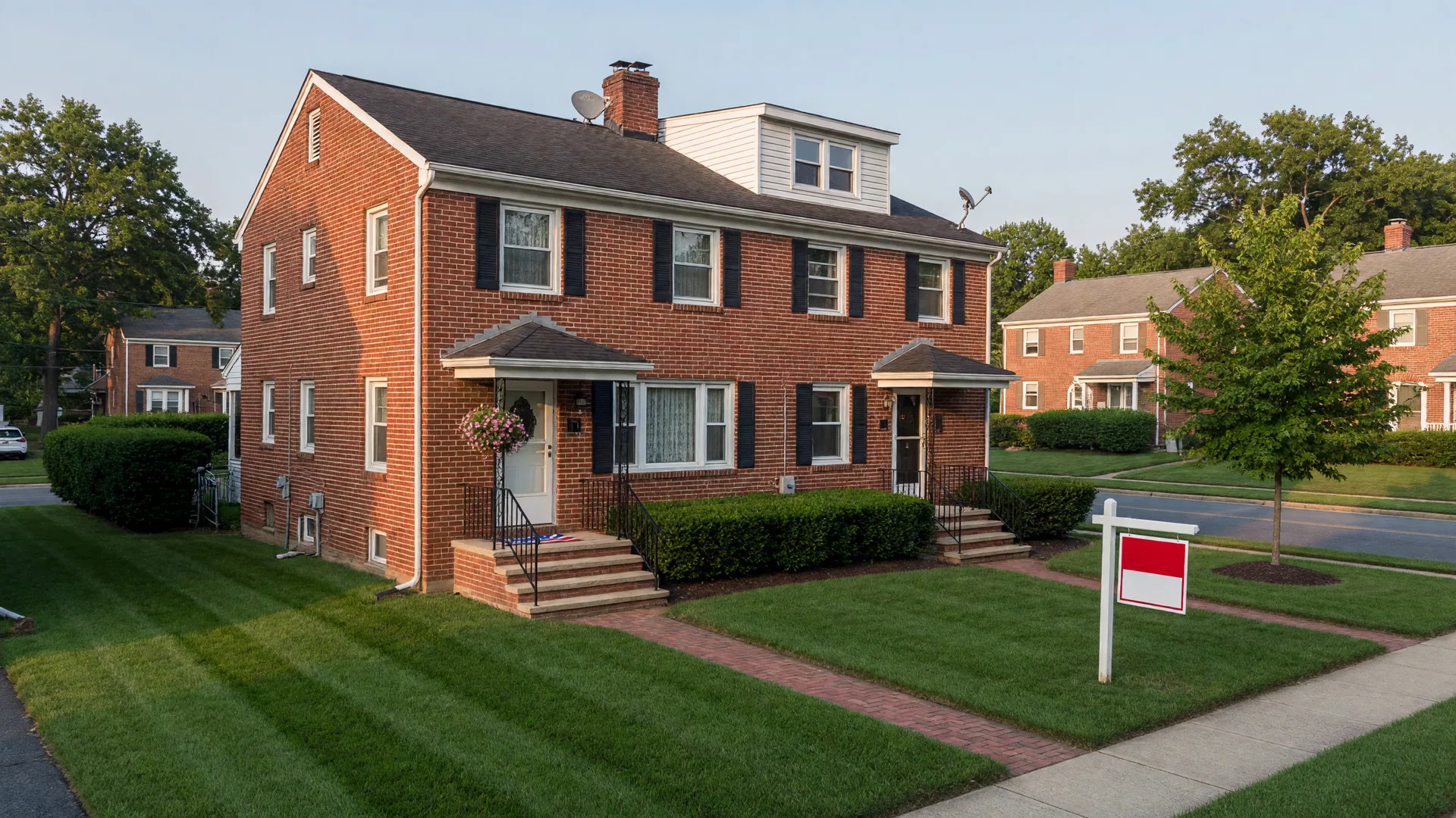 A well-maintained brick rental property in a suburban Maryland neighborhood with a For Sale sign near the walkway, representing a probate property with existing tenants