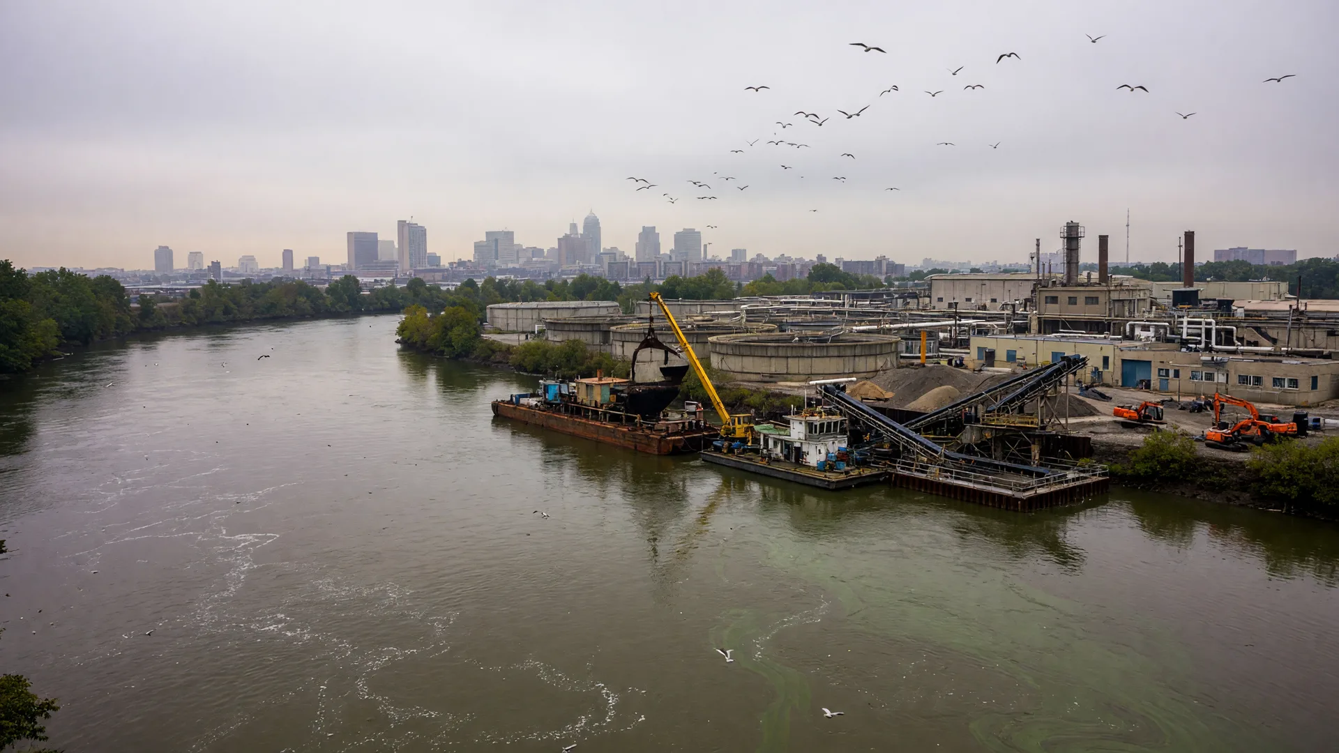 The lower Passaic River on an overcast September morning with industrial riverfront dredging equipment, a treatment plant in the distance, and the Newark skyline on the horizon