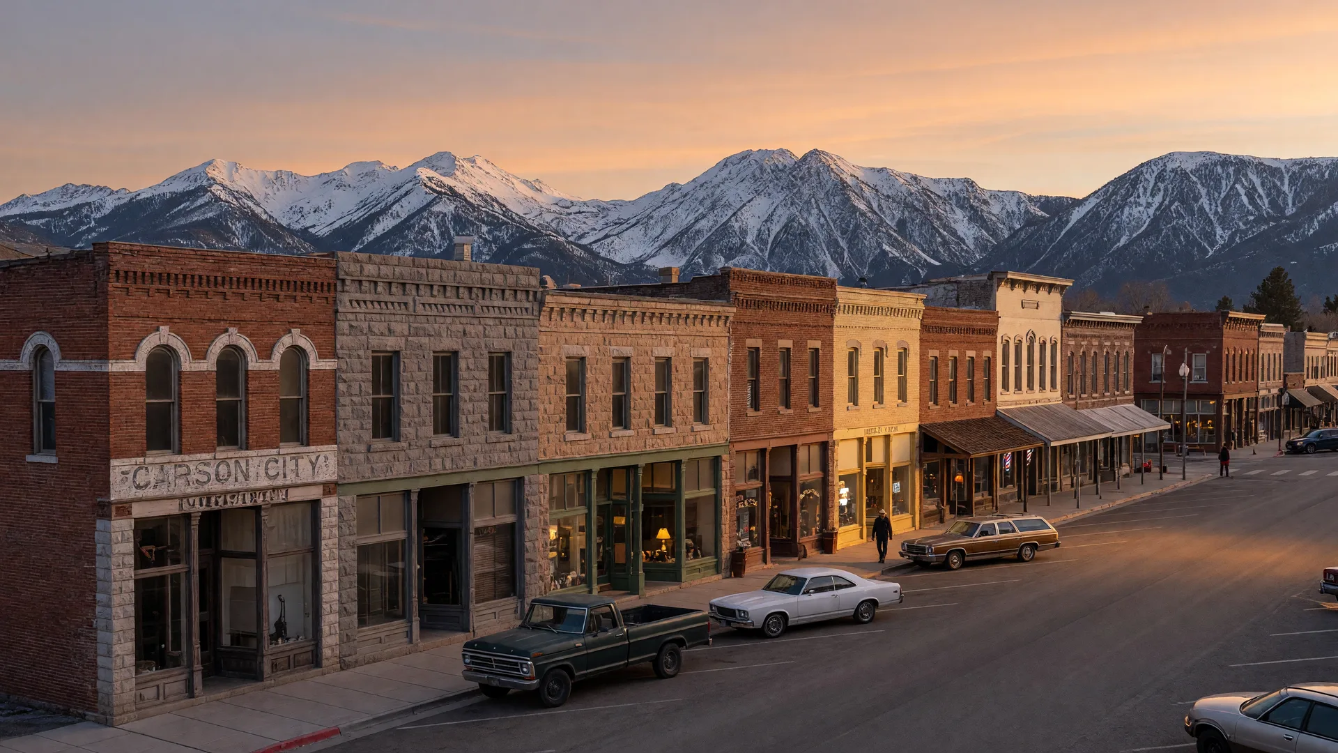 Downtown Carson City at golden hour with historic brick buildings along a quiet main street and the snow-capped Sierra Nevada behind the rooflines.