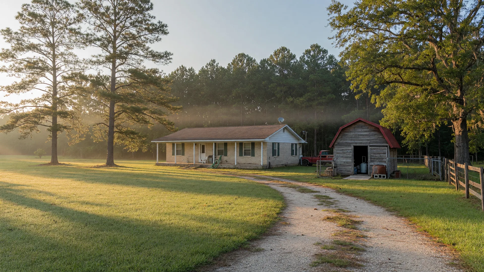 A single-story rural acreage home on a large grassy lot surrounded by pine trees in the Huffman and Crosby countryside, with a small wellhouse near the fenced yard