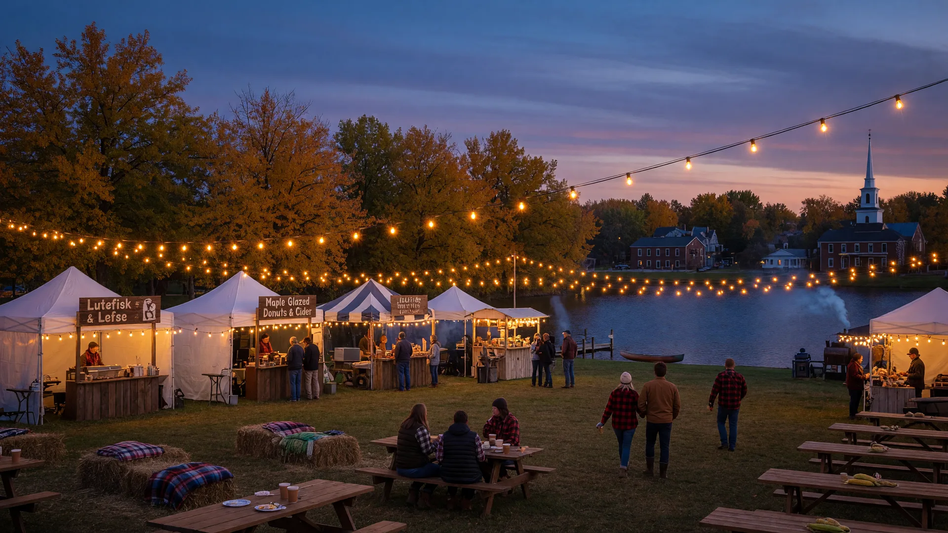 Lakeside town-square fall festival with tents, string lights, and wooden tables at dusk among autumn trees