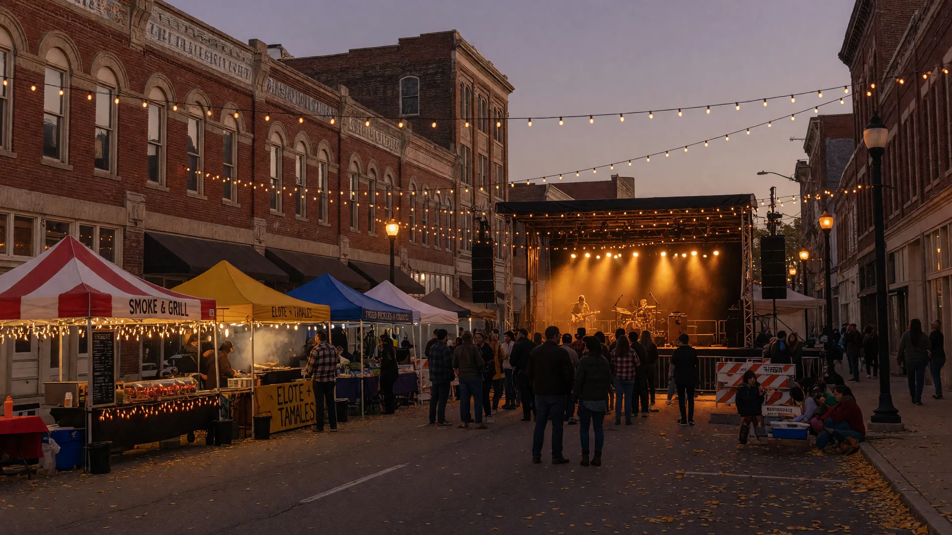 Mayo Final Encore downtown Tulsa block party with a glowing music stage, string lights, and food vendors on a closed-off city block at dusk