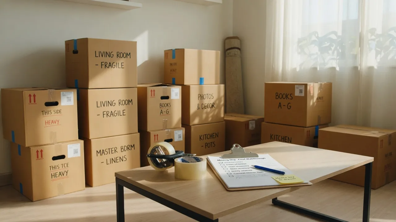 Organized moving boxes and a clipboard checklist in a bright living room