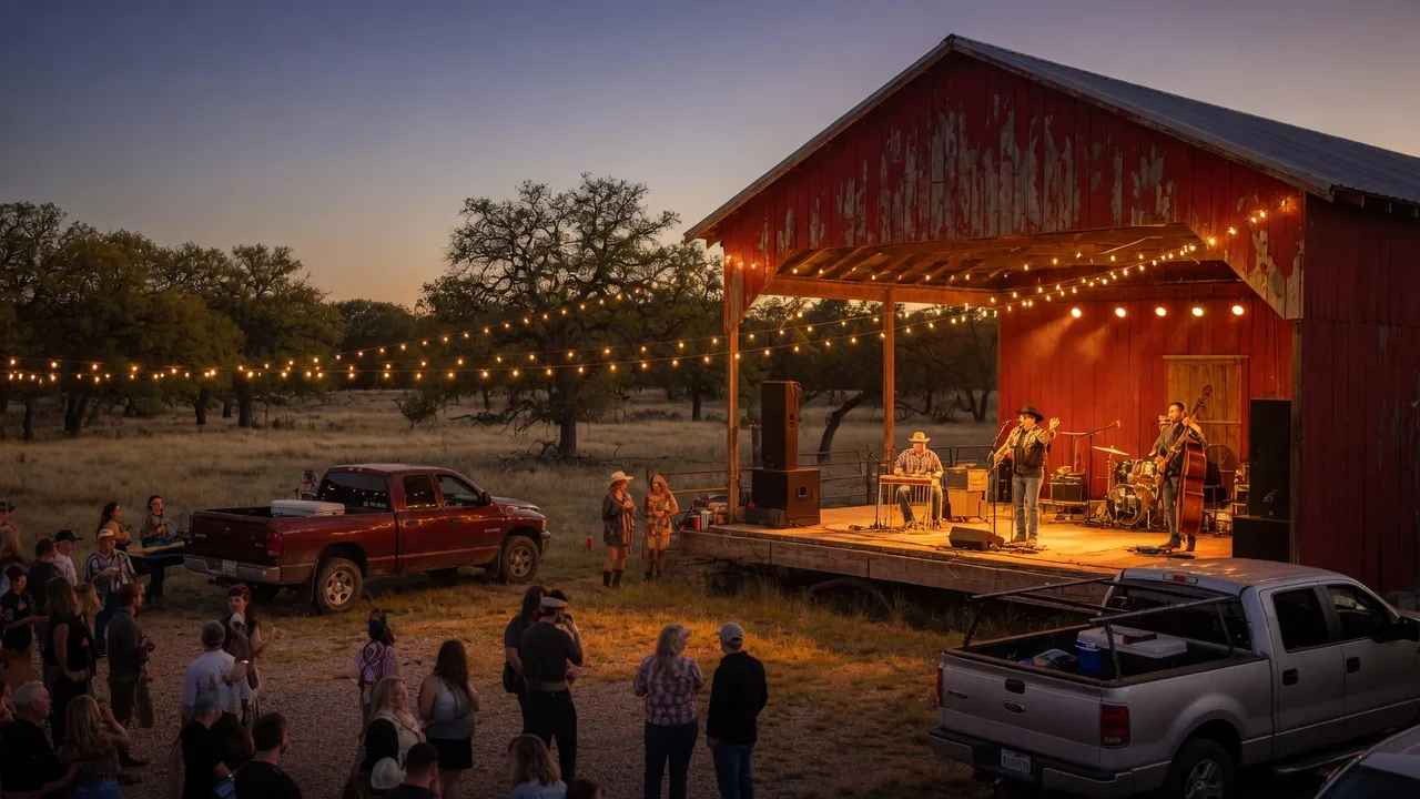 A country music fundraiser at a Texas party barn at dusk with a band on an open-air stage lit by string lights and a crowd gathered on the lawn