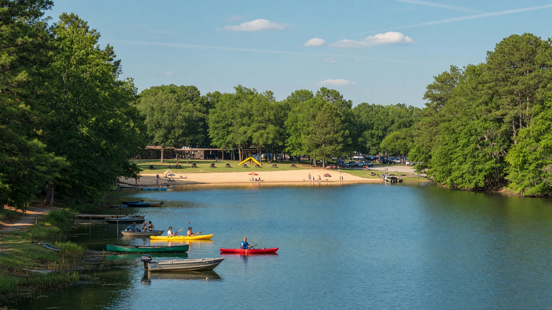 Lake Acworth with calm blue water, kayaks, and tree-lined banks on a sunny afternoon