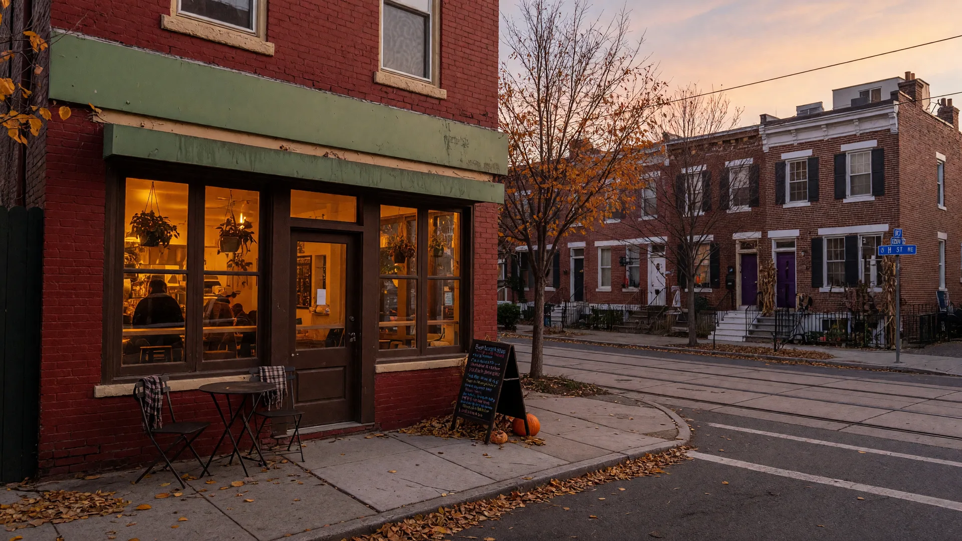 Brick storefront of Sidamo Coffee and Tea on H Street NE in Washington DC at late autumn dusk, dark wood-framed windows glowing warm, an outdoor chalkboard sign, bistro chairs on the sidewalk, and the DC streetcar track running along the corridor