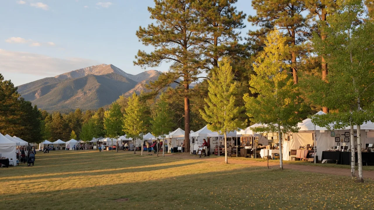 Early September craft fair tents on the grass of a Flagstaff park with golden aspens and the San Francisco Peaks in the background