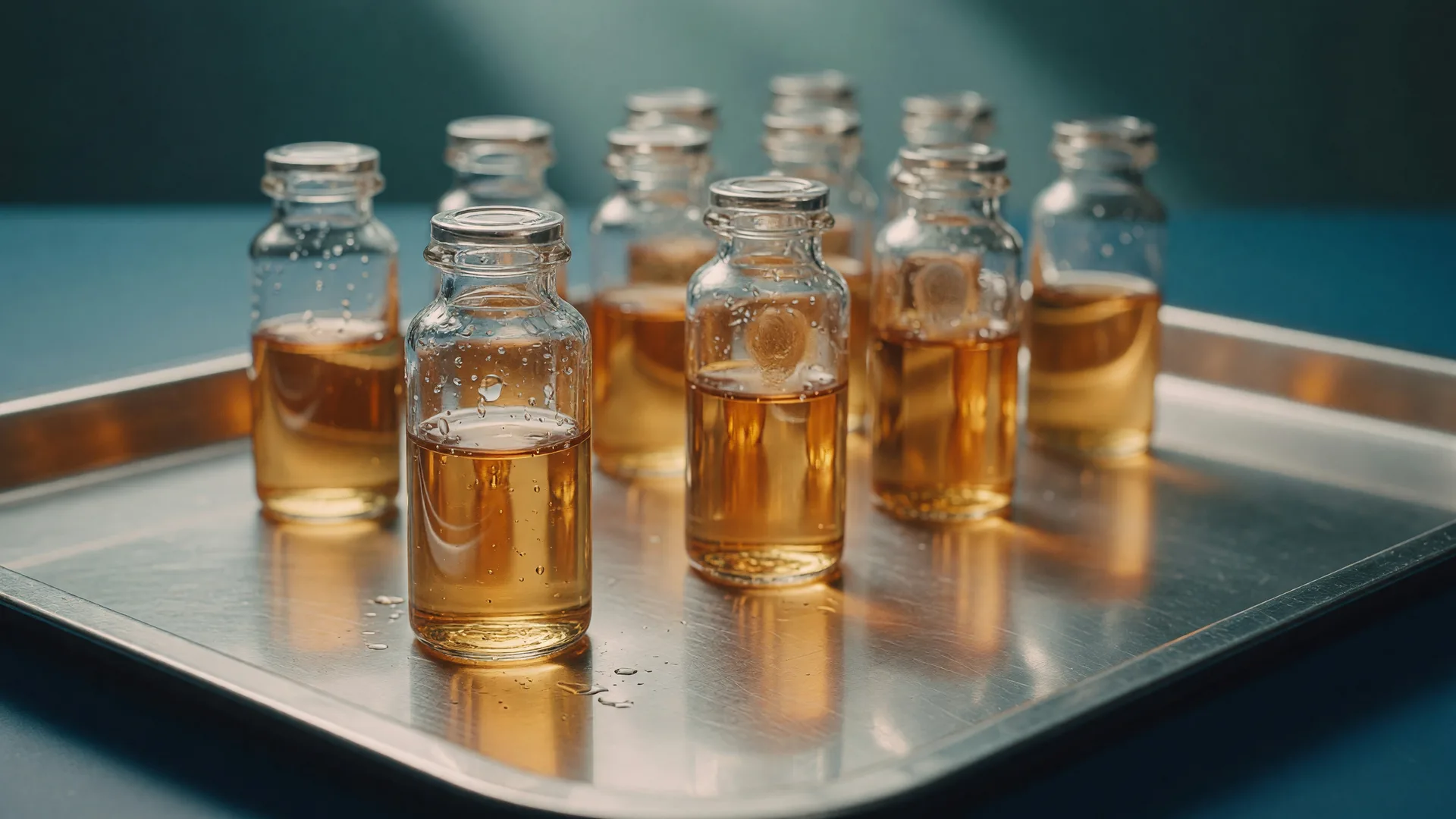 Laboratory glass vials with amber liquid on a stainless steel tray against a deep teal background