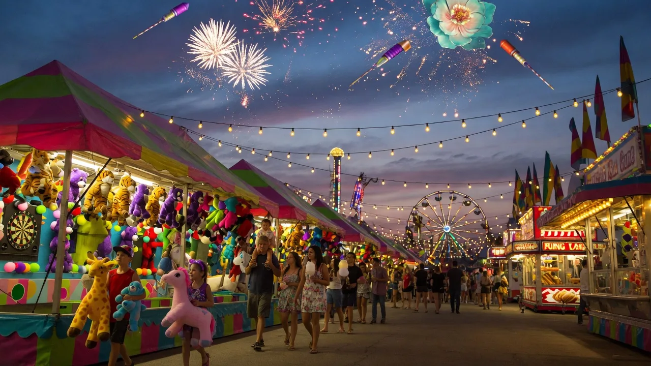 Colorful carnival midway with rides and families at a summer festival