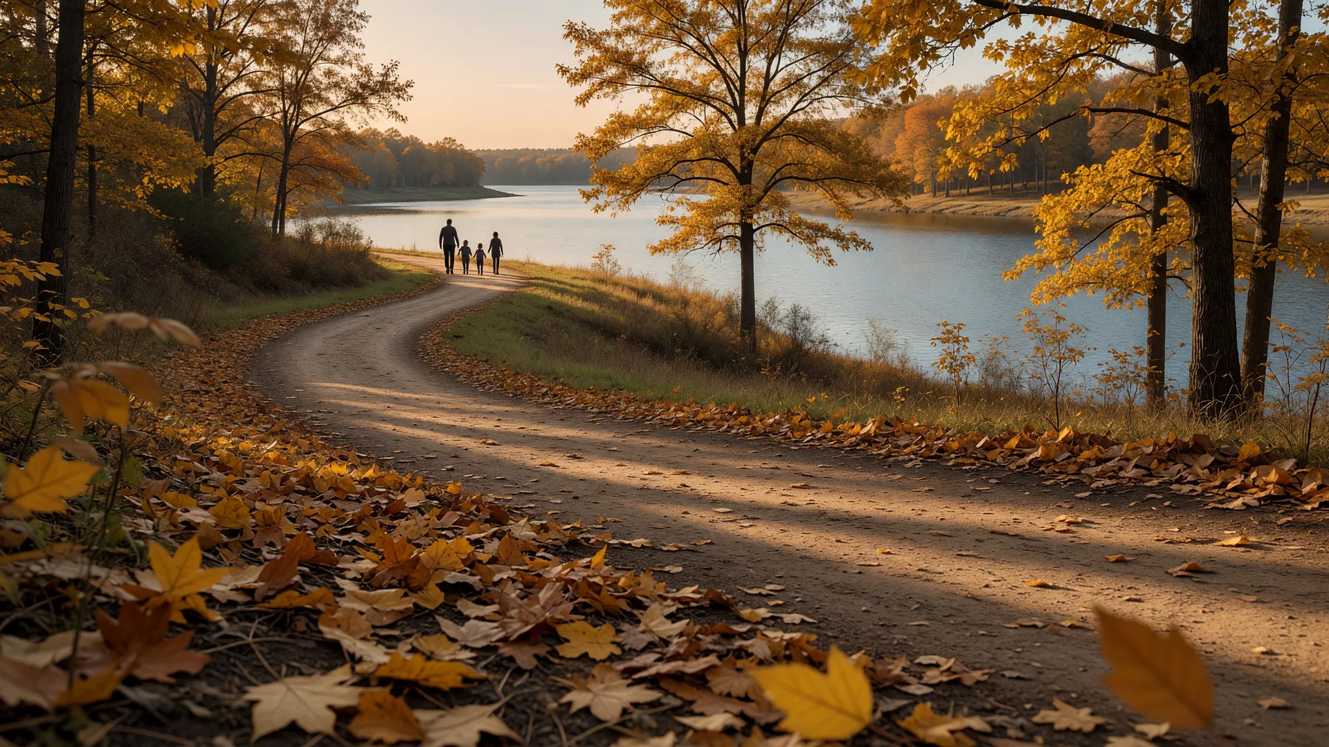Late October lakeside trail in Northeast Texas with golden leaves and amber trees framing a view across a reservoir