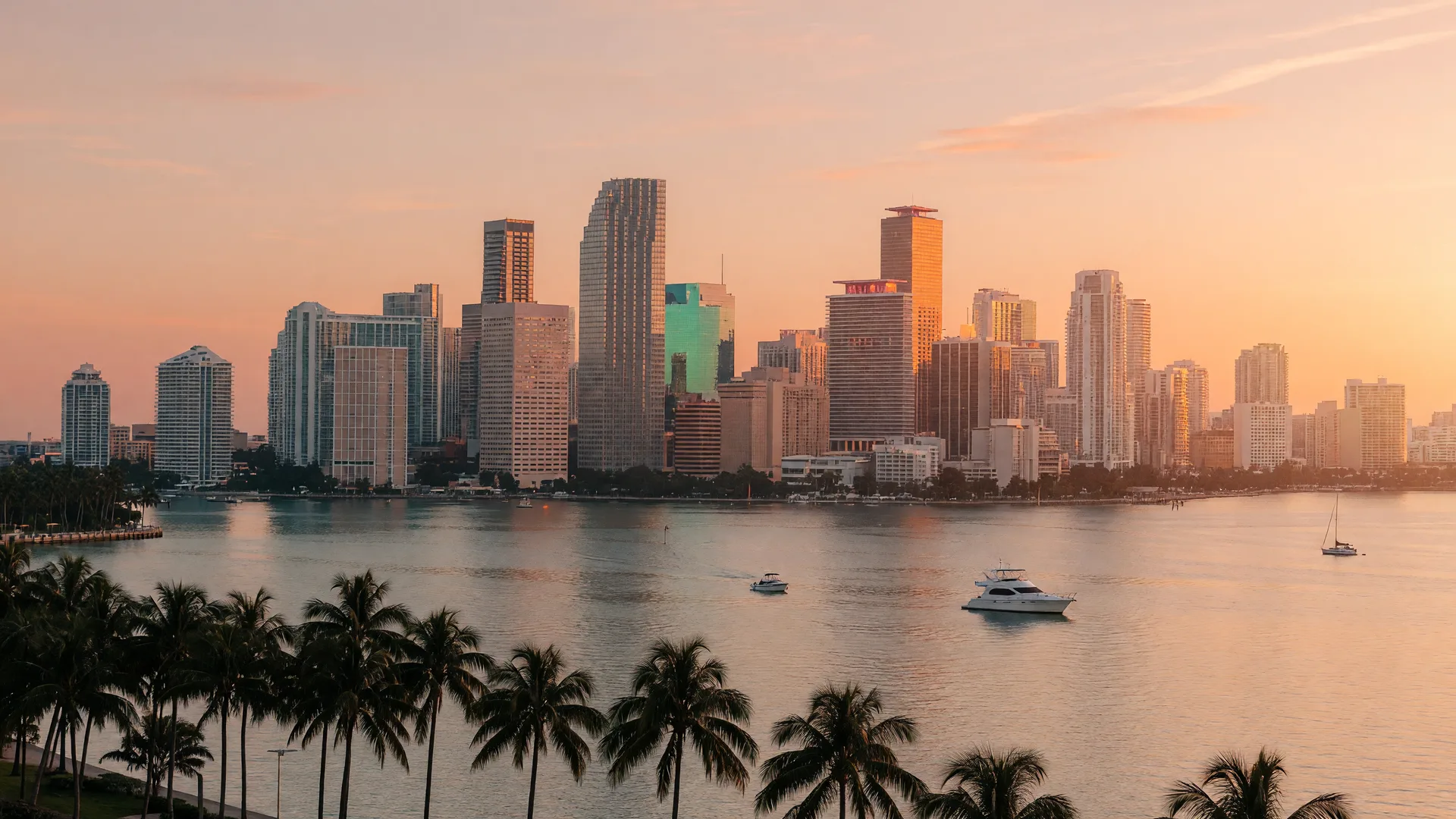 Downtown Miami skyline at golden hour across Biscayne Bay with palm silhouettes along the waterfront