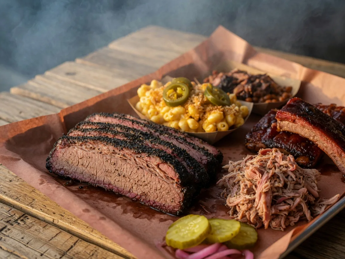 Perfectly smoked Central Texas-style brisket with peppery bark and pink smoke ring with pulled pork ribs and house-made sides on butcher paper at Moonie's Texas BBQ
