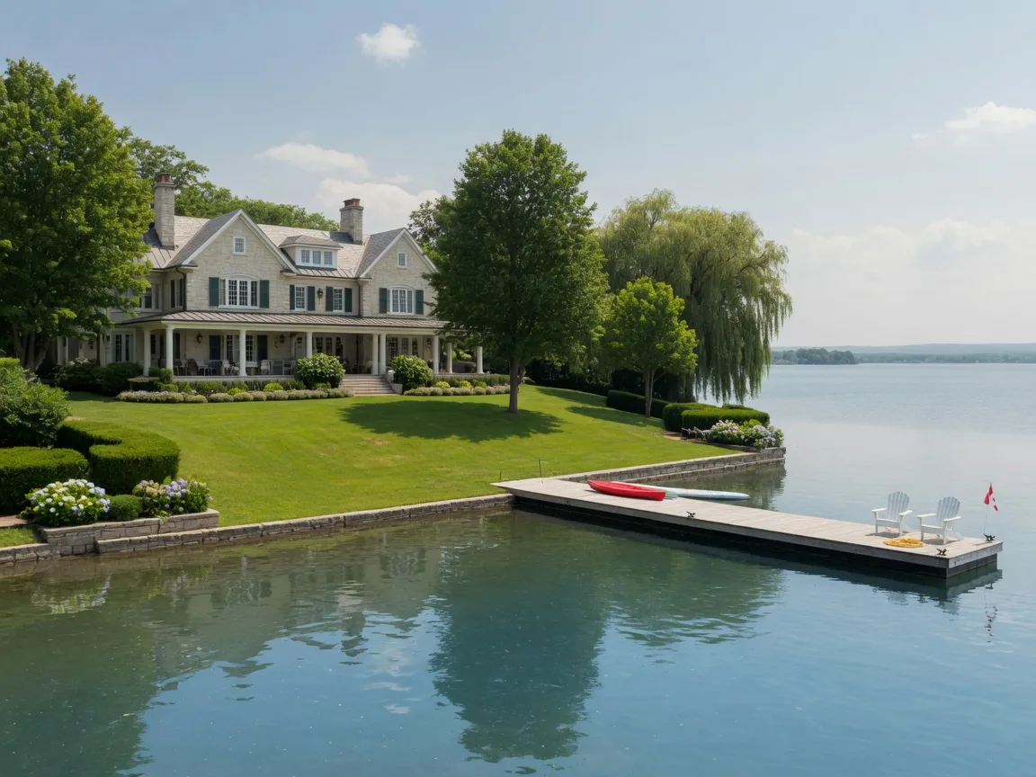 An elegant waterfront estate home on the shores of Lake Scugog near Port Perry with a private dock, mature shade trees, and a manicured lawn sloping to calm blue water