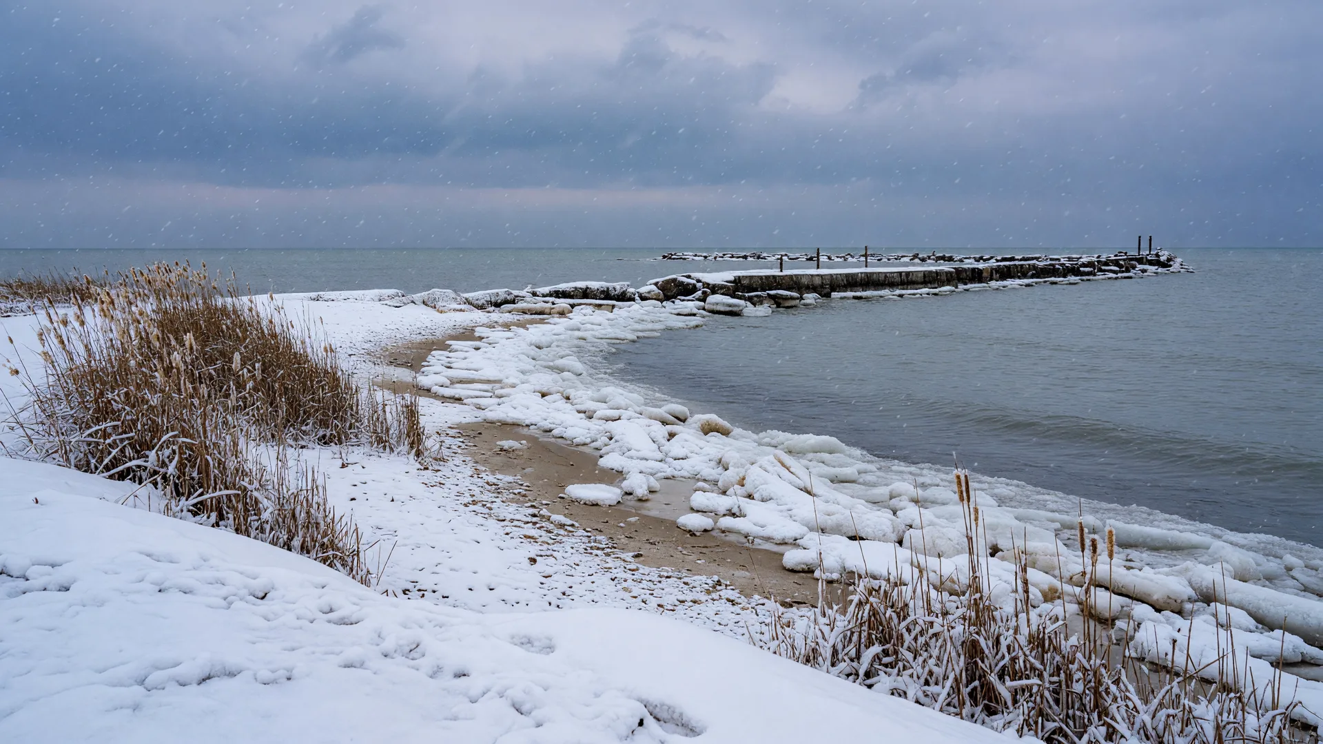 Snow-covered Lake Erie shoreline in winter near Mentor, Ohio