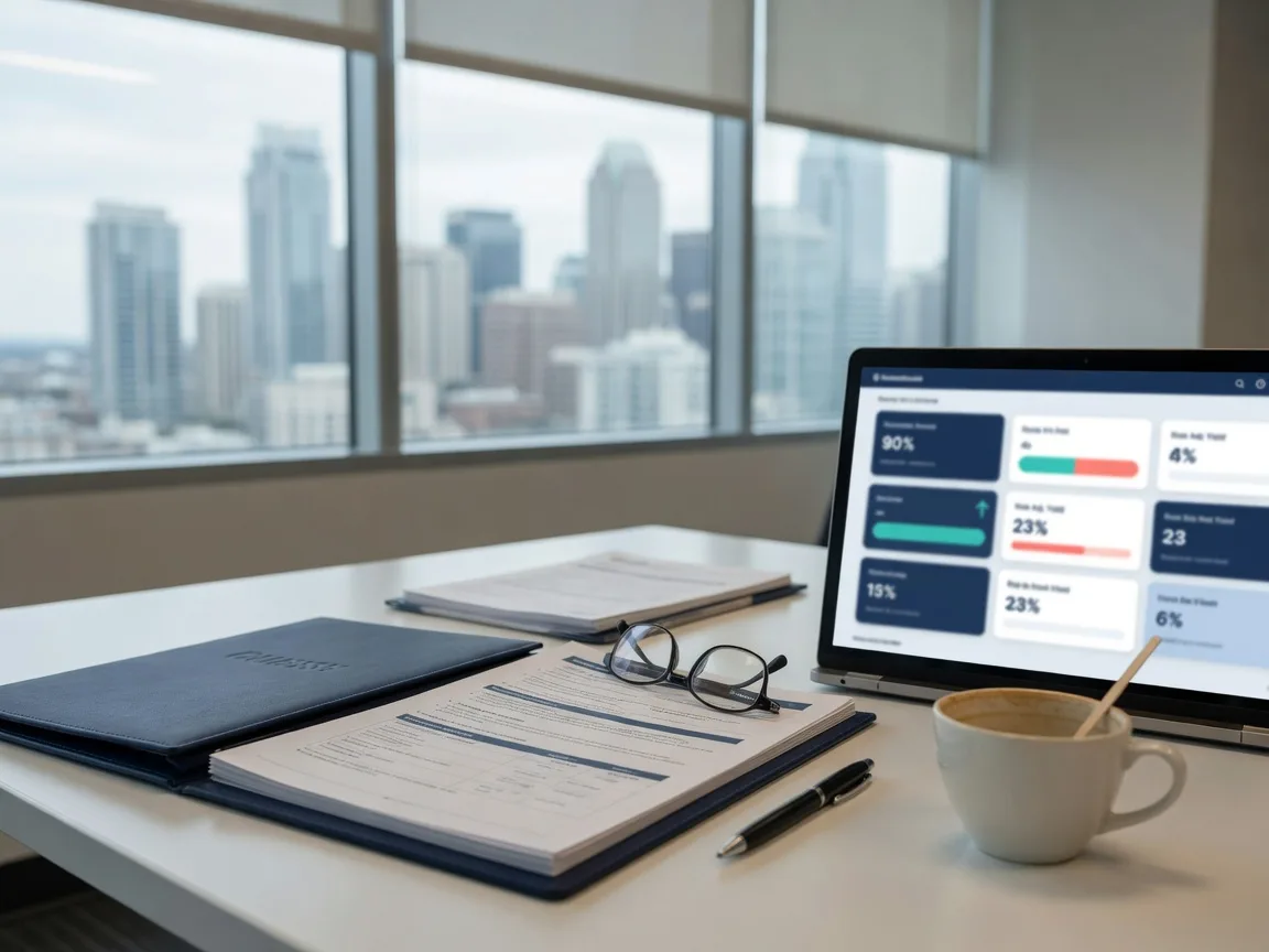 Enterprise mortgage program documents and an institutional dashboard being reviewed at a corporate table.
