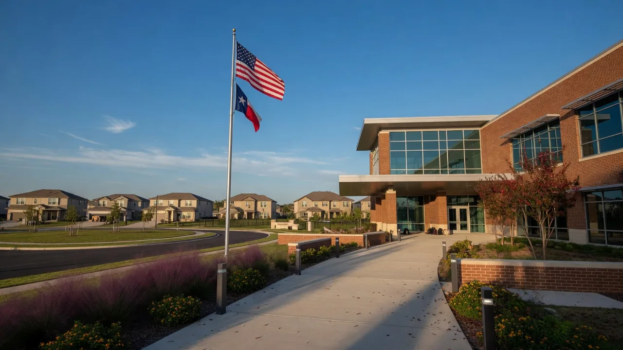 A modern North Texas school campus at golden hour, with a landscaped front walkway and new-construction homes visible in the distance