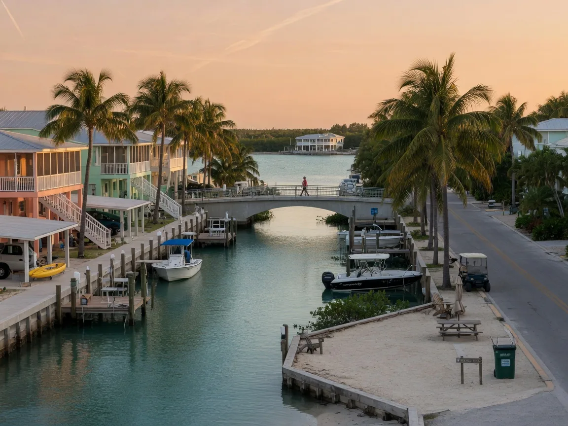 A quiet canal street in a planned Florida Keys waterfront city at late afternoon, elevated coastal homes with private docks and boats along a palm-lined canal, a small sandy beach park and low bridge in the distance