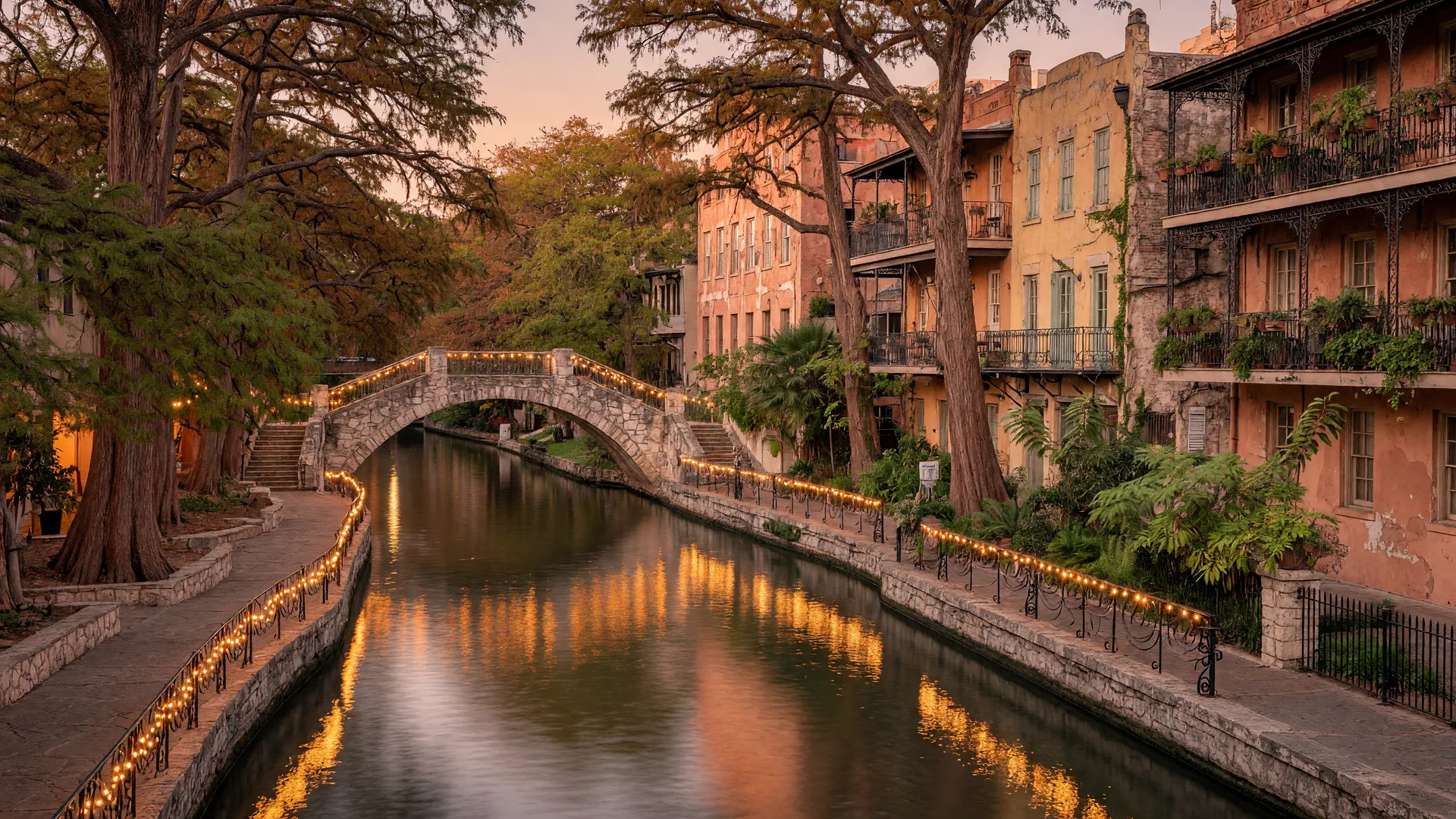 The San Antonio River Walk at golden hour