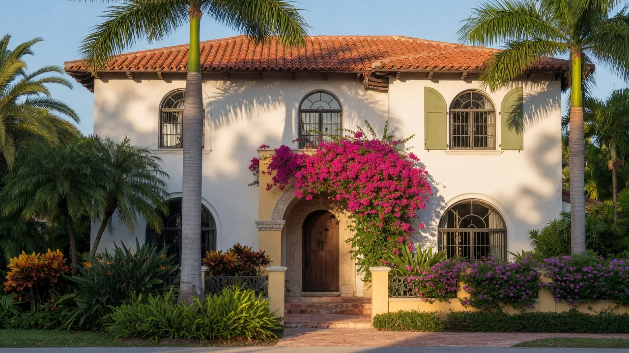 Mediterranean revival home in Coral Gables with clay tile roof and royal palms