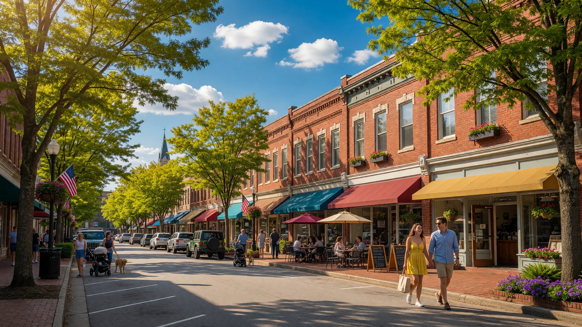 Downtown Woodstock, Georgia on a sunny afternoon with historic brick storefronts and tree-lined Main Street