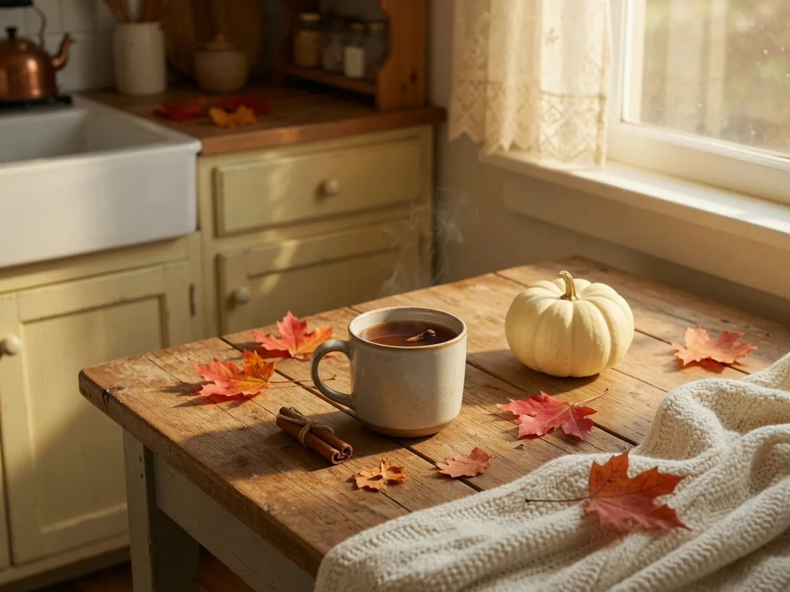 A cozy mug of spiced apple cider with a small pumpkin and knit blanket on a wooden table