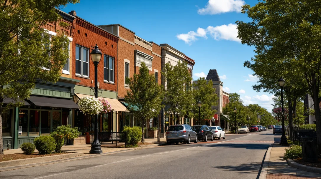 Charming Broadway district downtown Grove City Ohio with brick shops, awnings, and small-town character