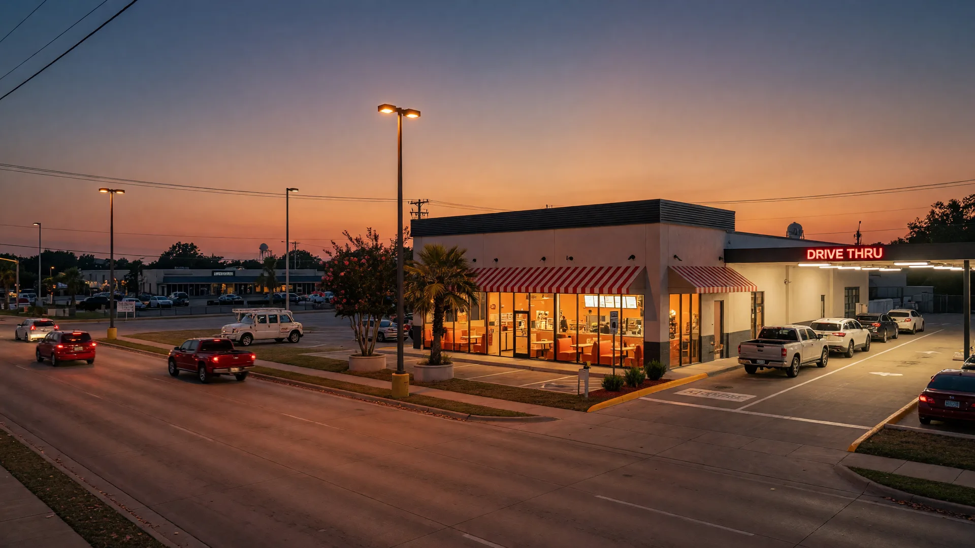 A modern quick-service Texas burger restaurant glowing at dusk on a multi-lane commercial corridor with an illuminated drive-thru and twilight sky