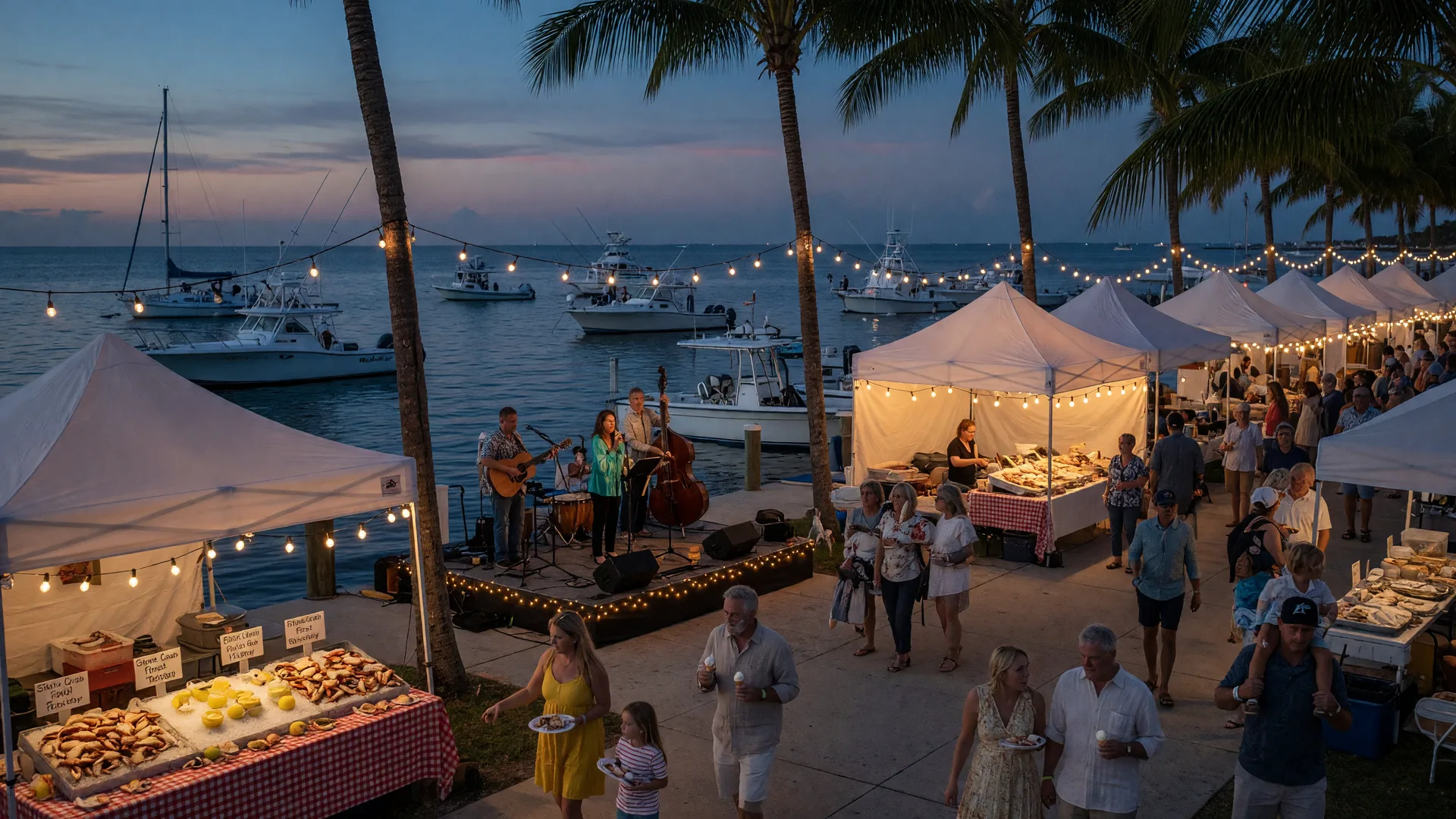 A community festival on the Naples waterfront at dusk with white tents and seafood stalls along the marina dock, string lights between palm trees, a band on a small stage, and boats moored on calm water
