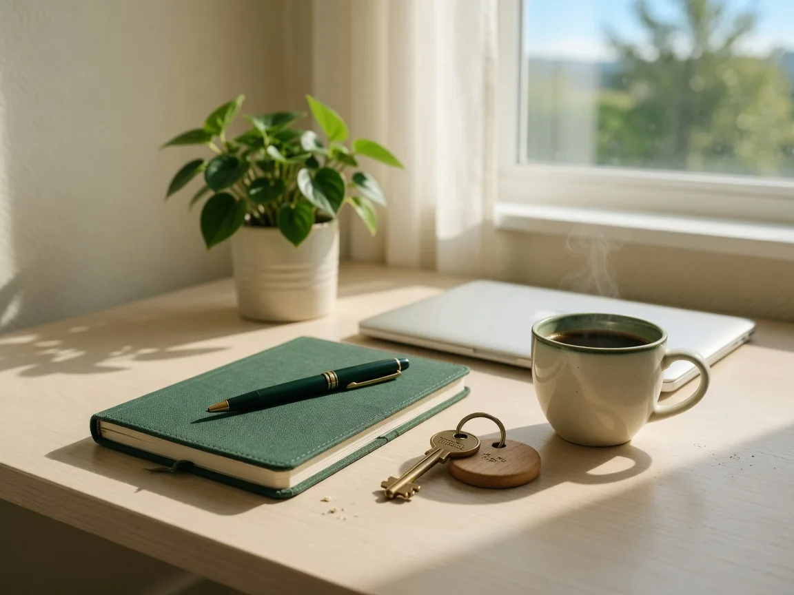 A tidy agent's desk by a bright window with coffee, a notebook, and a brass house key