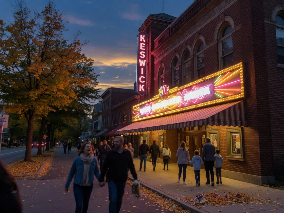 The Keswick Theatre in Glenside at dusk with its glowing marquee lit for a concert night, families walking toward the entrance under the canopy, early autumn trees lining the avenue