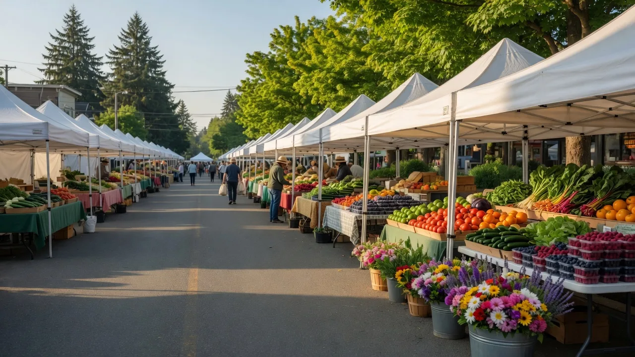 Outdoor farmers market stalls with colorful produce under white canopies