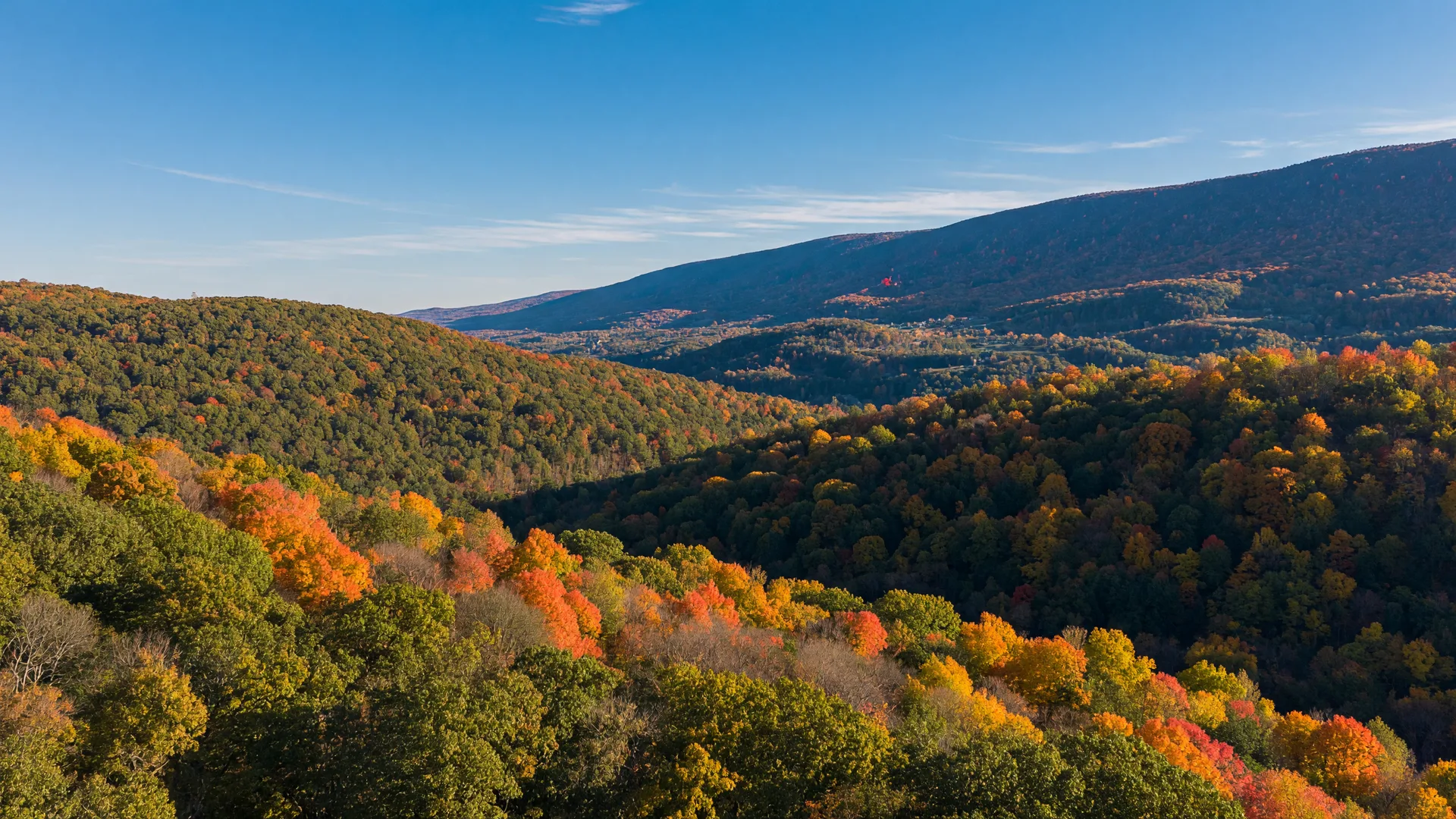 Eastern Pennsylvania forested ridgelines in mid-October with gold, orange, and red foliage spreading toward the Blue Mountain ridge