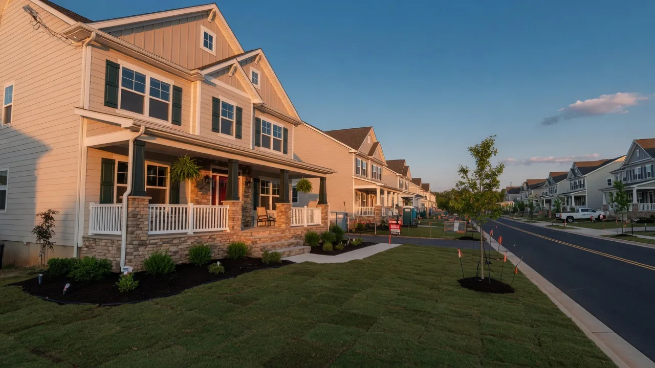 A newly built craftsman-style single-family home in a Virginia new construction community at golden hour, with a stone-accented entry and a freshly landscaped front yard