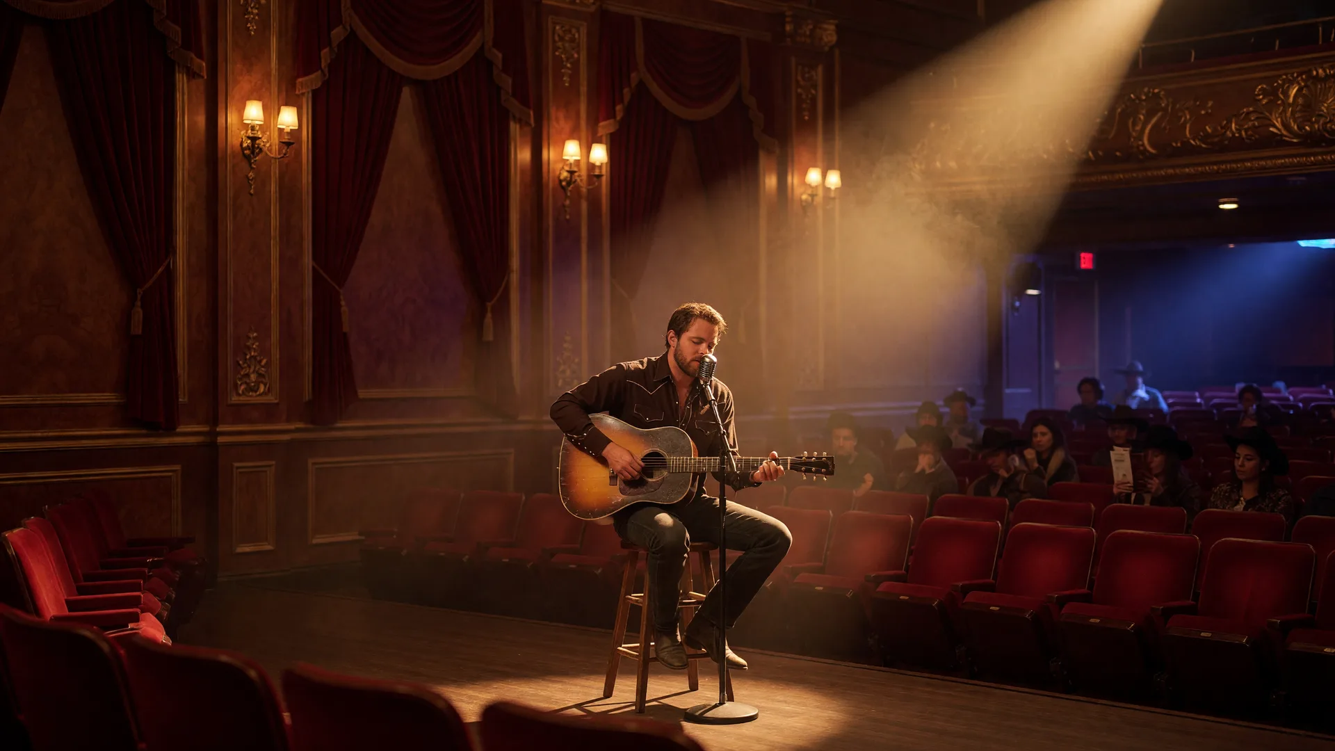A country singer with an acoustic guitar on a stool in an amber spotlight inside an elegant casino theater with red velvet seats