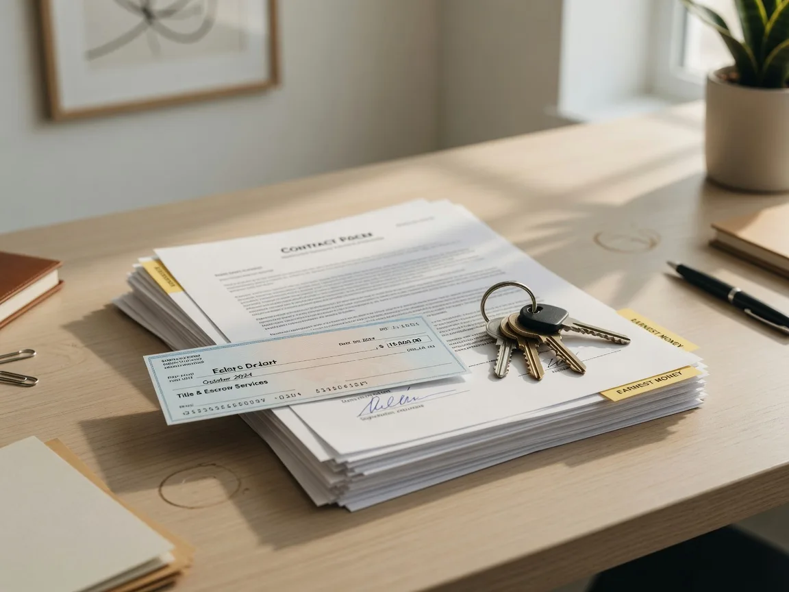 Real estate contract and earnest money check on a professional desk with natural light