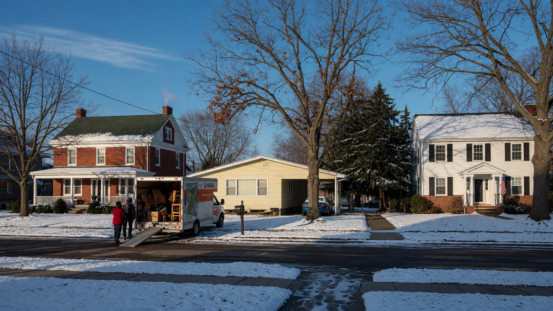 A classic residential street in Dayton, Ohio on a clear winter morning, light snow covering lawns and rooftops of brick four-square, ranch, and colonial homes, with a moving truck parked at the curb in front of one home