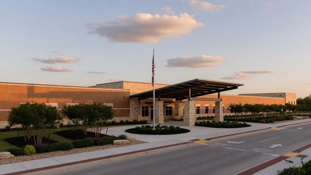 Modern public school campus in North Texas in late-afternoon light