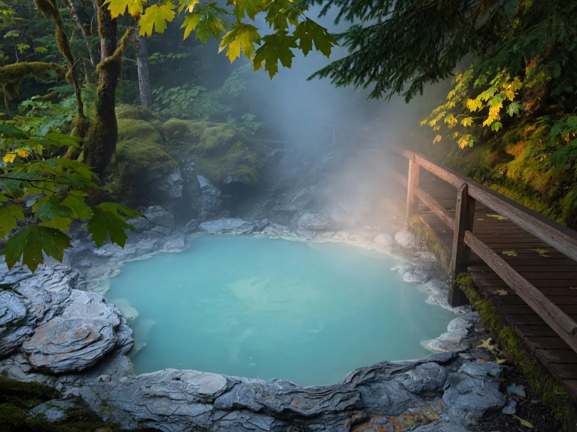 Steam rising from a mineral hot spring pool ringed by travertine rock in a mossy Oregon forest