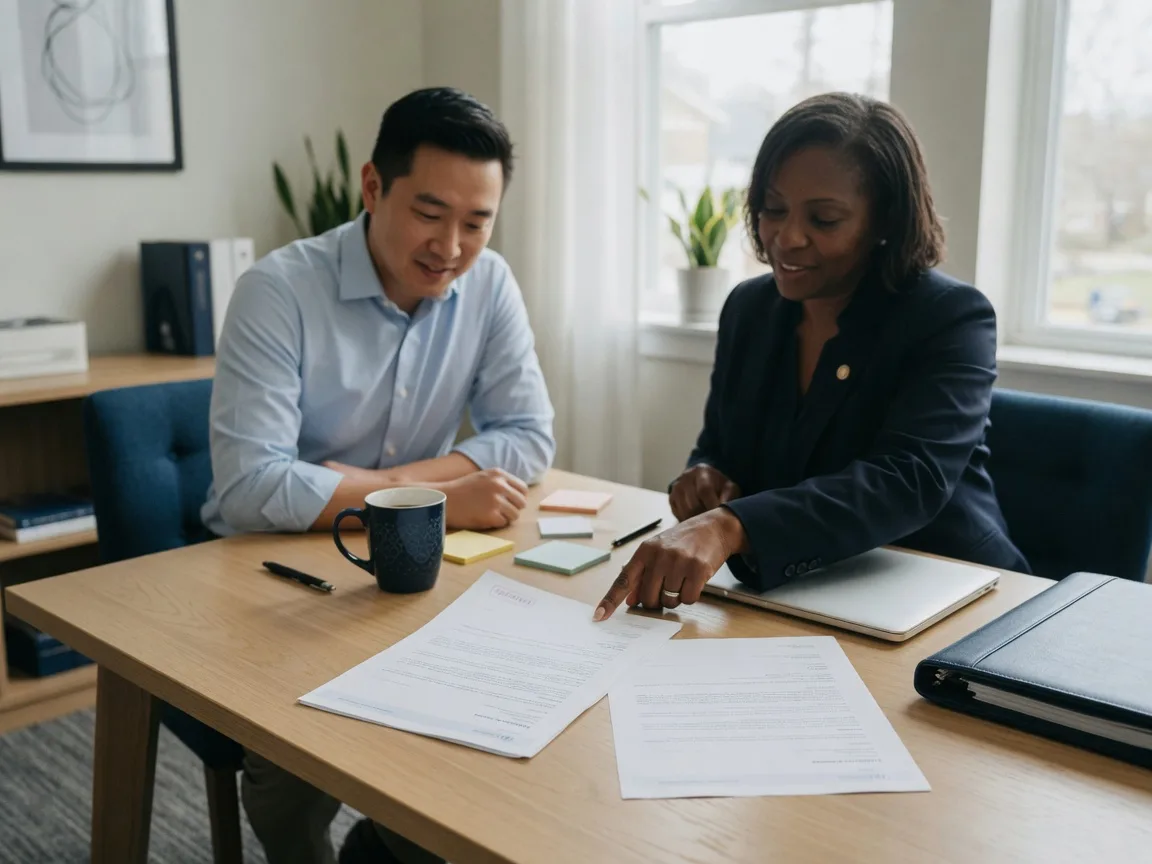 A buyer and a loan officer reviewing an updated preapproval letter at a lending office.